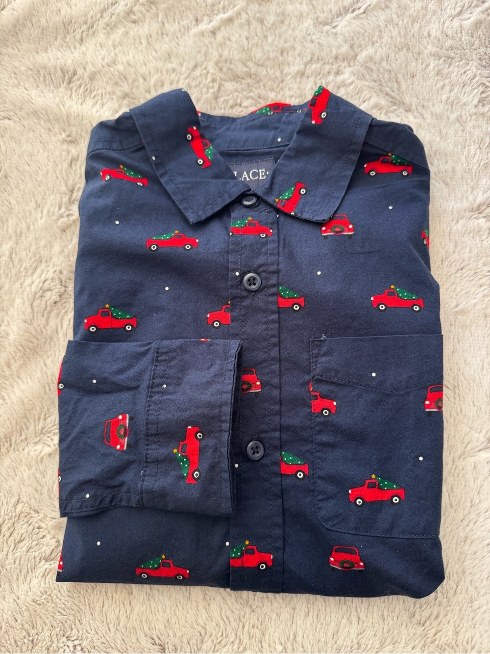 The Children's Place Boys Navy Button-Down Shirt with Red Car Print Sz 14